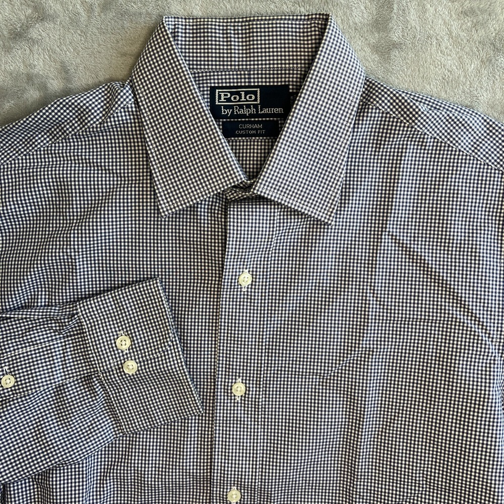 Polo Ralph Lauren Button Down Mens 16 34/35 Navy Gingham Curham Custom Fit Shirt
